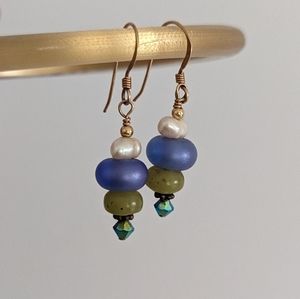 Blue, Green and Pearl beaded Earrings